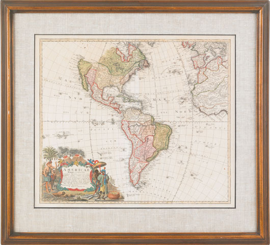 Engraved and hand-colored map of the Americas, dated 1746, 19 x 22 inches. Estimate: $1,500-$2,500. Image courtesy of Pook & Pook.